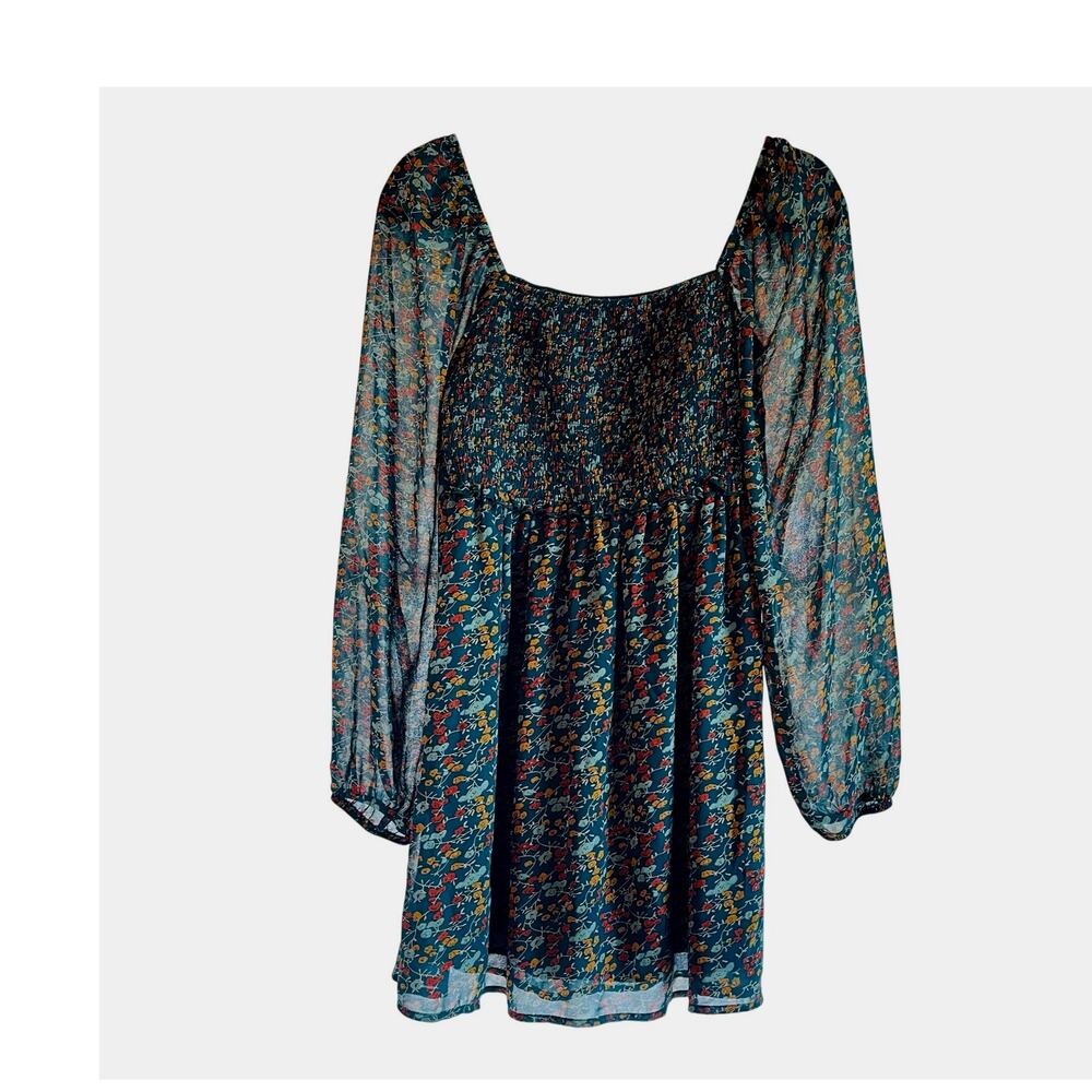 Revamped Babydoll Floral Balloon Sleeve Smocked Mini Dress Women's Small